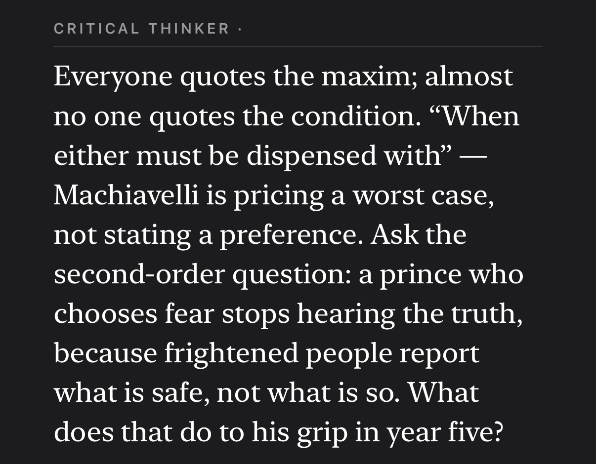 IO's Critical Thinker pushing back on a passage from The Prince