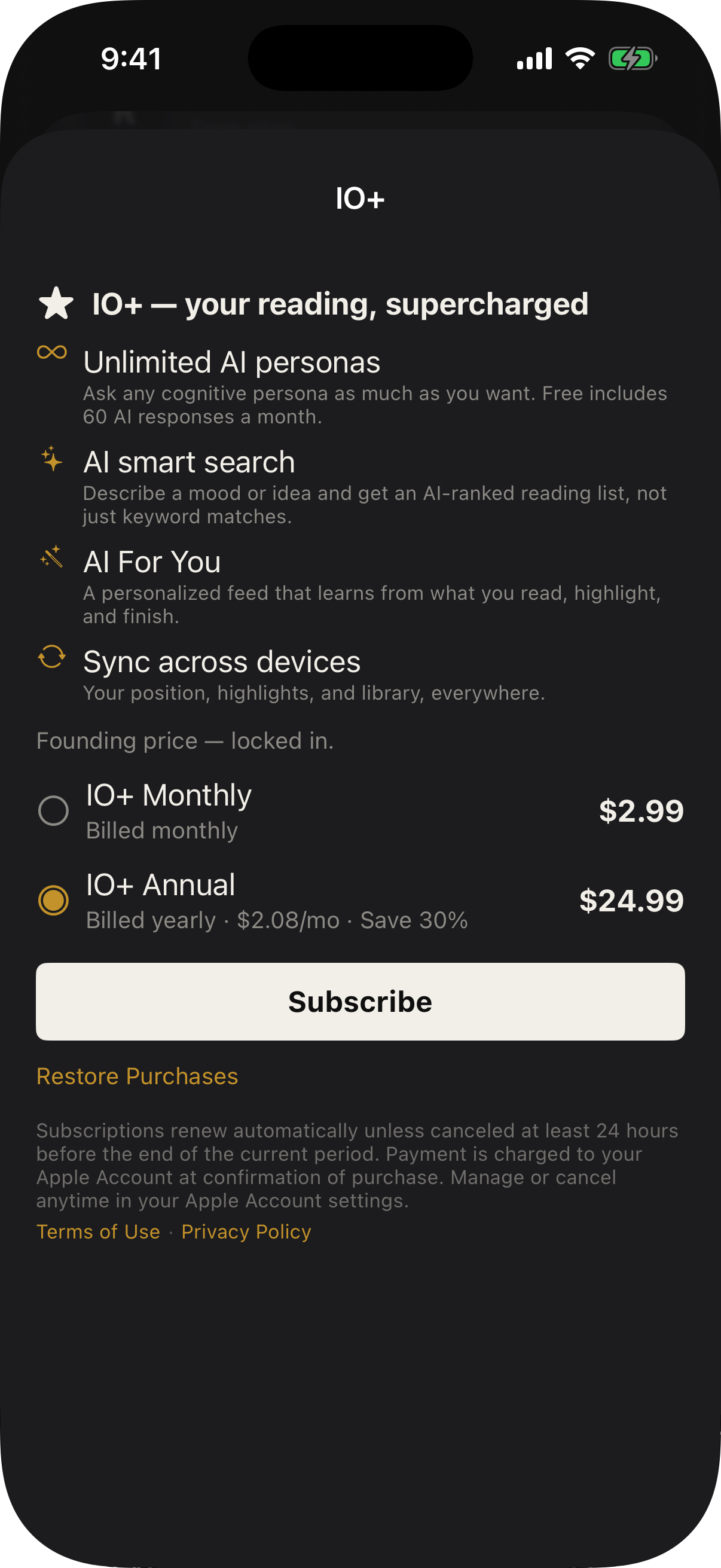 IO+ paywall: feature rows for unlimited personas, AI search, a For You feed, and cross-device sync, with a founding-price note.